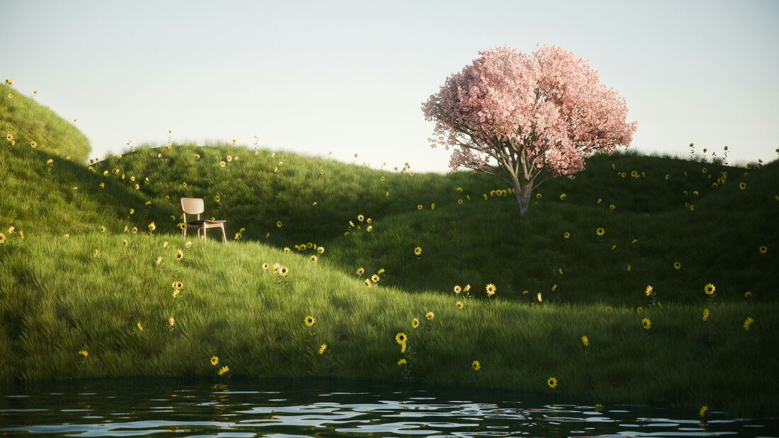 Green hills and a blossoming tree